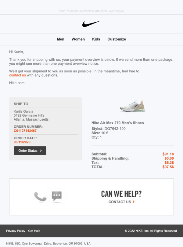 Nike email screenshot